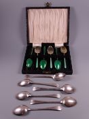 A CASED SET OF SIX SILVER & GREEN ENAMEL COFFEE SPOONS, Birmingham mixed dates by William Suckling
