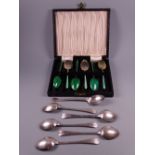 A CASED SET OF SIX SILVER & GREEN ENAMEL COFFEE SPOONS, Birmingham mixed dates by William Suckling