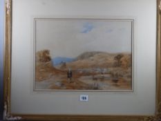 F G REYNOLDS watercolour - Welsh riverscape with two figures on a bridge and fisherman by a bank,