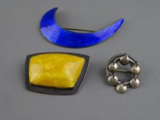 TWO NORWAY & ONE RUSSIA DESIGNER SILVER BROOCHES, to include a blue enamel example by J Tostrup, a