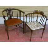 TWO EDWARDIAN INLAID ARMCHAIRS having box wood inlaid spindle backs, 54 and 60 cms wide