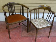 TWO EDWARDIAN INLAID ARMCHAIRS having box wood inlaid spindle backs, 54 and 60 cms wide