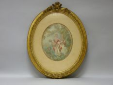 AN OVAL NEEDLEWORK PANEL in coloured silks of a young woman and child gathering flowers, in a gilt