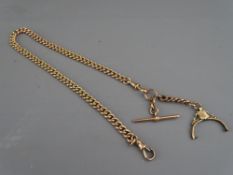 A NINE CARAT GOLD ALBERT CHAIN WITH FOB CLIPS, T-bar and swivel fob mount (missing fob), 51 grms