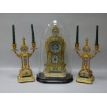 A 19th CENTURY GILT METAL & CHAMPLEVE ENAMEL CLOCK GARNITURE, the dial marked 'Nathan & Co' set with