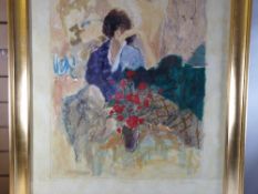 ROY FAIRCHILD-WOODARD artist's proof mixed media serigraph - female figure with vase of red flowers,