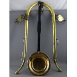 A PERIOD BRASS LONG HANDLED PAN and a good pair of antique brass heavy horse hames