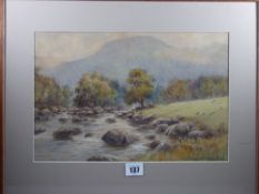 WARREN WILLIAMS ARCA watercolour - Snowdonia river scene with grazing sheep, signed in full, 23 x 34