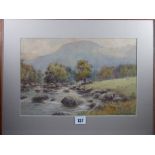 WARREN WILLIAMS ARCA watercolour - Snowdonia river scene with grazing sheep, signed in full, 23 x 34