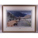 KEITH BOWEN coloured limited edition (79/200) pastel print - farmer with his two sheepdogs leading