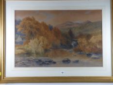 JOHN STEEPLE watercolour - gorge and river bridge scene with autumnal trees, two figures on a bridge