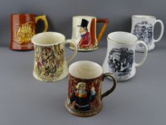 A COLLECTION OF SIX VINTAGE POTTERY TANKARDS including two Maling titled 'Paul Richards Way to