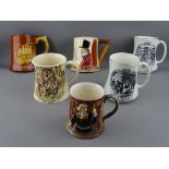 A COLLECTION OF SIX VINTAGE POTTERY TANKARDS including two Maling titled 'Paul Richards Way to