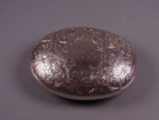 AN OVAL SILVER SNUFF/TOBACCO CONTAINER with all over scrolled decoration, 2.6 troy ozs, Birmingham