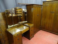 A GOOD VINTAGE OAK FOUR PIECE BEDROOM SUITE of lady's and gent's two door wardrobes, a mirrored