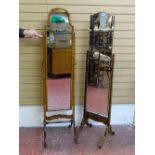 TWO VINTAGE CHEVAL DRESSING MIRRORS, one walnut, one oak, (the former requires leg repair), 165