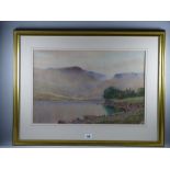 ISAAC COOKE watercolour - Lake District landscape with boat moored by a lakeside, signed, 34 x 52