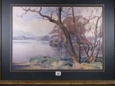 WILLIAM HEATON COOPER RA watercolour - lake scene with distant hills and overhanging trees, signed