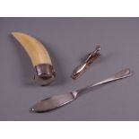 A PLAIN SILVER BUTTER KNIFE, a silver paper clip and a silver hinged ivory horn container (parcel of