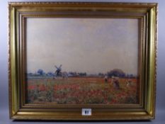 AFTER WILLIAM KAY BLACKLOCK coloured print on board - figures in poppy fields with distant windmill,