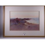 MAUD SALMON watercolour - Welsh rocky coastalscape with yacht, signed, 29 x 44 cms