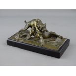 A CAST BRONZE OF TWO DOGS FIGHTING over a wrap of meat, possibly French, 19th Century, mounted on