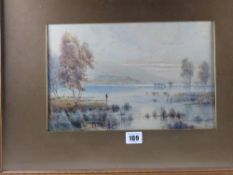 HENRY HUGHES RICHARDSON watercolour - peaceful lake scene with fishermen and cattle watering, signed