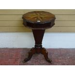 A VICTORIAN INLAID MAHOGANY WORK BOX TABLE with star inlay to the top and segmented column, on a