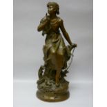 A FRENCH BRONZE STATUE by Hippolyte Moreau modelled as a pensive young girl seated on a stump with