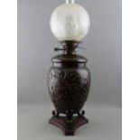 A CIRCA 1870 JAPANESE BRONZE KEROSENE OIL LAMP with Messengers patent duplex, RD no. 97643, the body