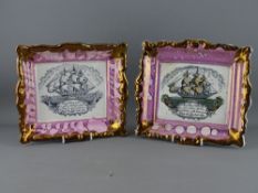 TWO VICTORIAN SUNDERLAND LUSTRE WALL PLAQUES having sailing ship print centres and verse 'May