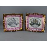 TWO VICTORIAN SUNDERLAND LUSTRE WALL PLAQUES having sailing ship print centres and verse 'May