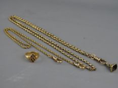 A FIFTEEN CARAT GOLD RING, 2.7 grms, a 16 ins fob chain, the clips marked nine carat, 10.8 grms