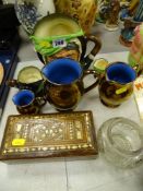 Royal Doulton 'Sairey Gamp' character jug, copper lustre items, inlaid jewellery box etc