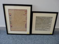 Two antique Welsh language samplers, one for The Lord's Prayer and the other of poetry with