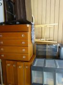 Large parcel of furniture including four drawer retro style dressing table with circular mirror,