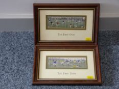 Two framed silks - sporting scenes 'The First Touch' and 'The First Over', each 14 x 22.5 cms (