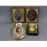 Two deguerriotype photographs in frames, vintage cigarette case and contents etc