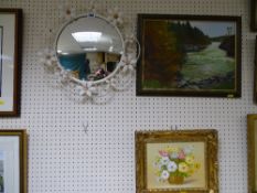 Metal daisy framed convex wall mirror, A HARRISON oil on board and a still life painting