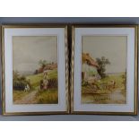J BARCLAY watercolours, a pair - rural scenes 1. young red bonneted girl near thatched cottage by