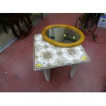Small white painted tiled top coffee table and an oval pine framed mirror