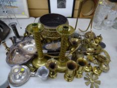 Selection of vintage brass and plated ware including a pair of twist candlesticks, quantity of