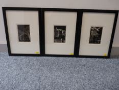MERYL WATTS trio of woodcuts - urban scenes, each 14 x 10 cms