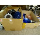 Box of cooking pans and a quantity of colourful glass etc