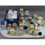 Collection of modern enamel and other collectable eggs, small glass salts and a boxed set of six