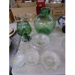 Vintage green carboy, an oversized glass water jug, a selection of various bowls etc