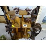 Quantity of treen items including a mini spinning wheel and carved animals etc