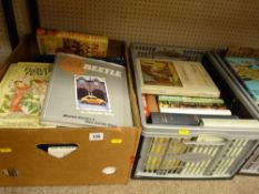 Box and a plastic crate of vintage books