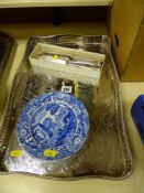 Parcel of Copeland Spode blue and white plates, an oblong galleried electroplate tray and a parcel
