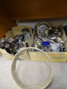 Vintage garden sieve and two boxes of mixed electroplate, glassware, pewter etc